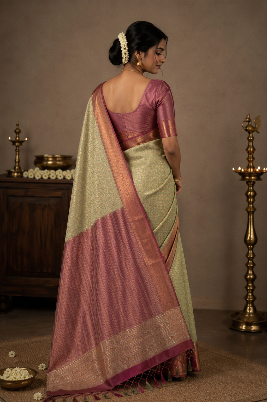 Kanchipuram semi silk light green saree