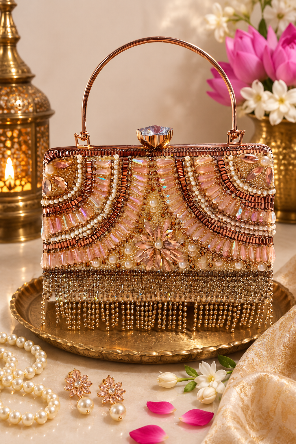 Embellished golden clutch front 