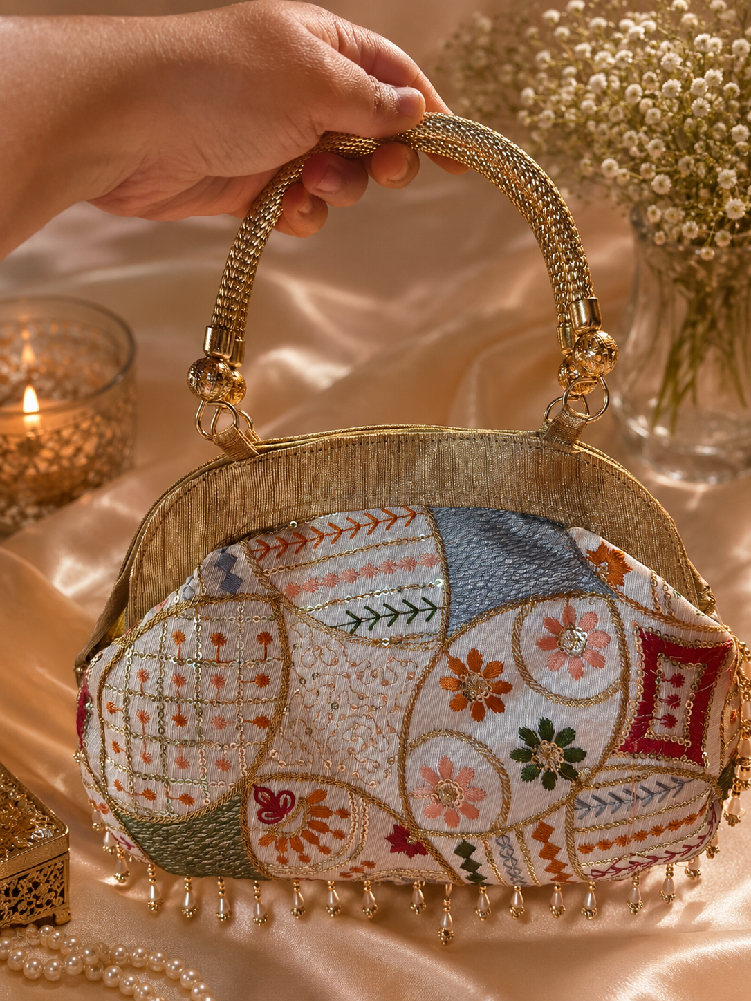 Embroidered handbag white