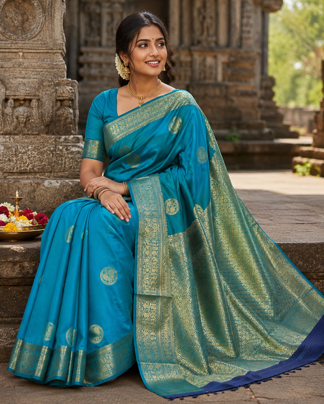 A woman wearing a teal blue and gold zari woven saree sits on stone steps in front of a historic temple structure. The saree features a rich teal body with a wide gold patterned border and a navy blue pallu.