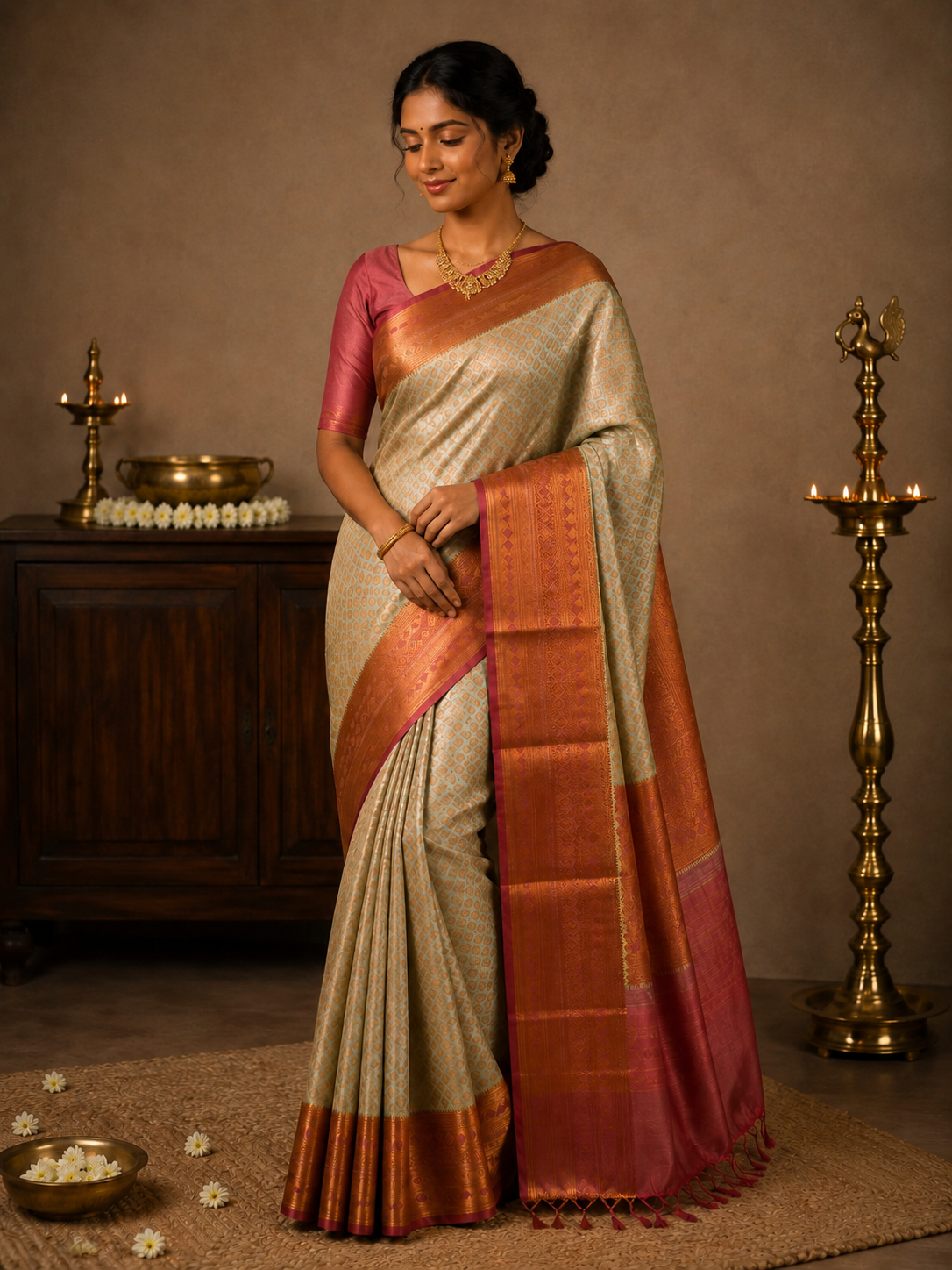 Kanchipuram semi silk light green saree