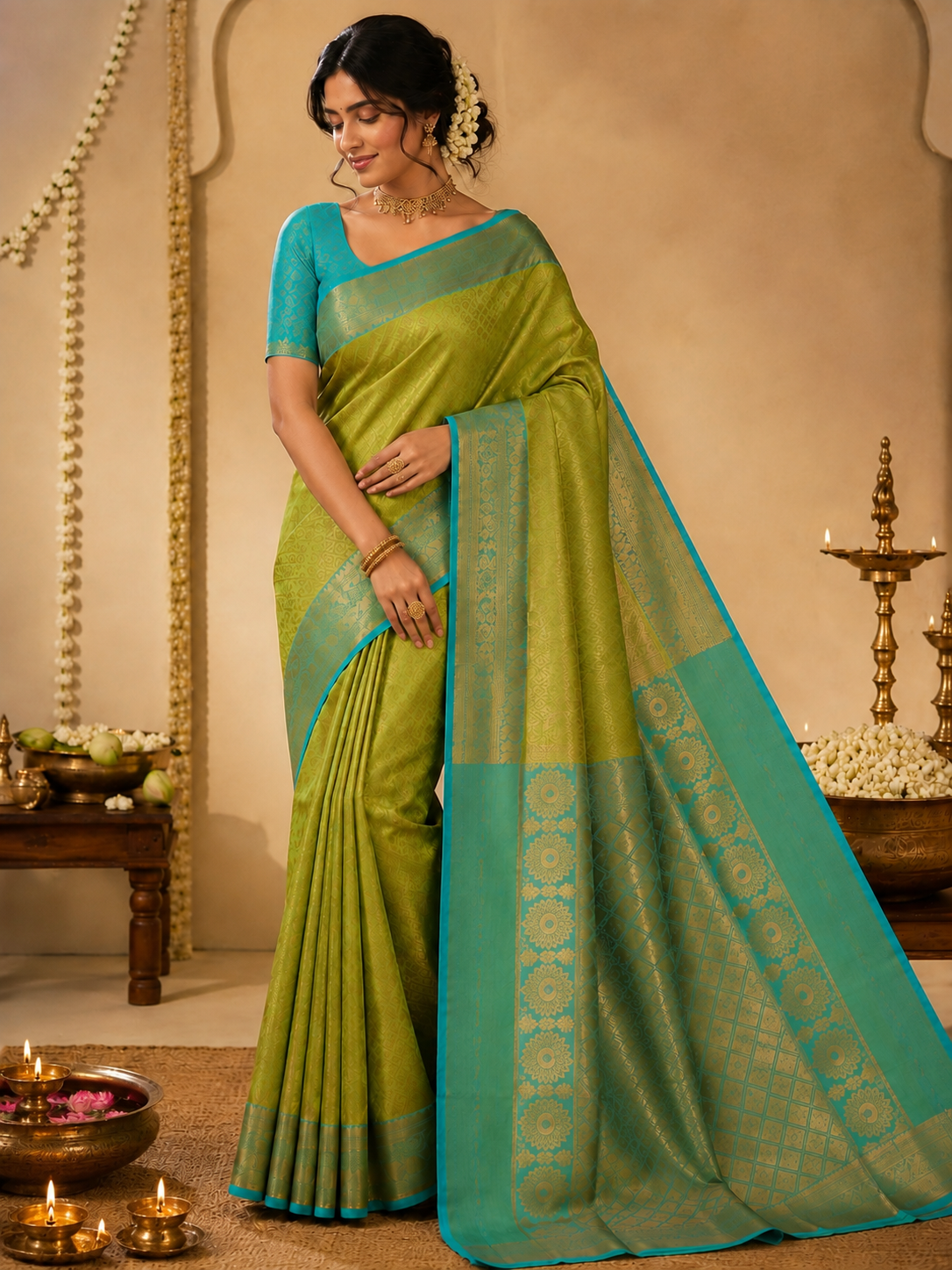Kanchipuram semi silk parrot green and blue saree