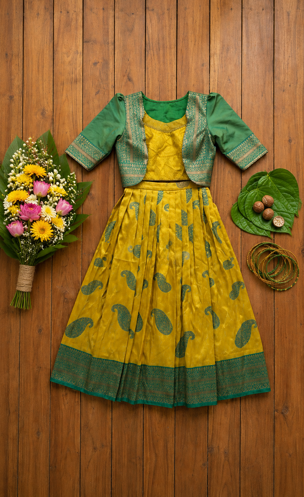 A yellow and green traditional Indian outfit ,featuring a yellow skirt with green paisley motifs, a green blouse, and a matching green jacket. Kids Indian ethnic wear Australia full dress