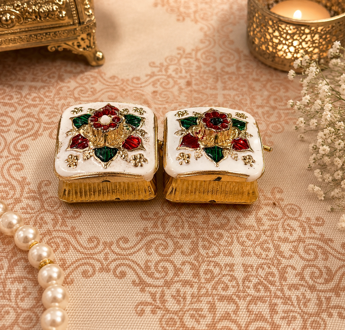 White Floral Mini Kumkum Box (Set of 2)