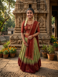 Raw silk green and maroon half saree