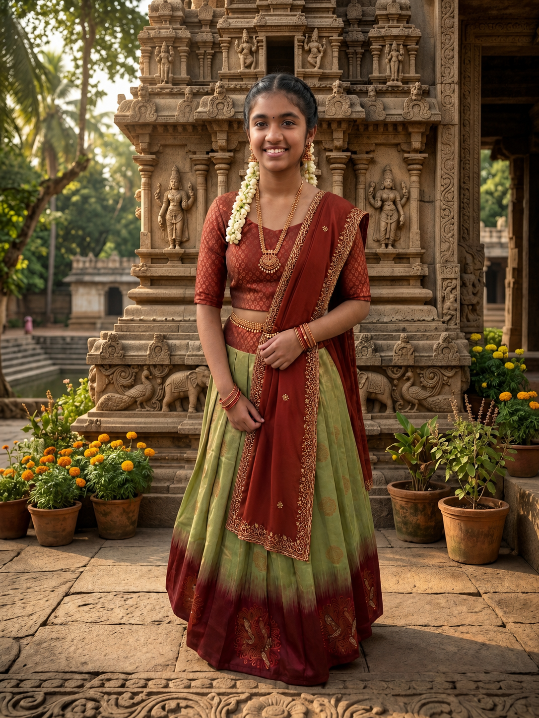 Raw silk green and maroon half saree