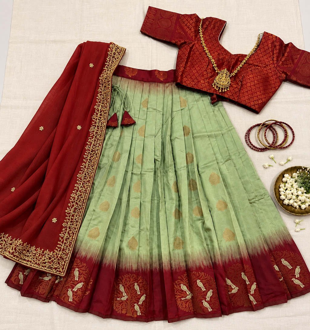 Raw silk green and maroon half saree