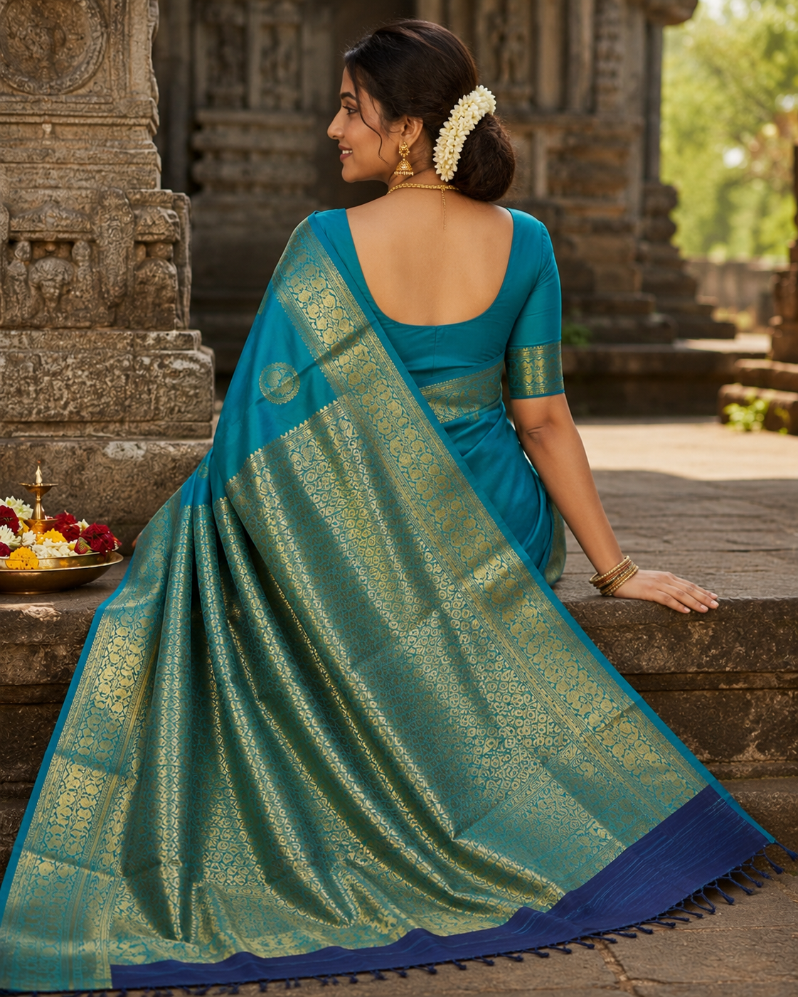 A woman wearing a teal and gold zari woven saree, photographed from behind while leaning against stone steps in an outdoor temple setting.