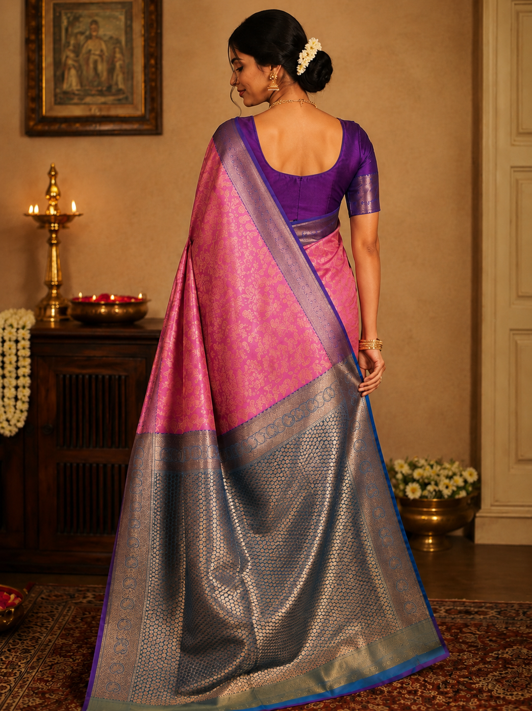 Kanchipuram semi silk pink and blue saree