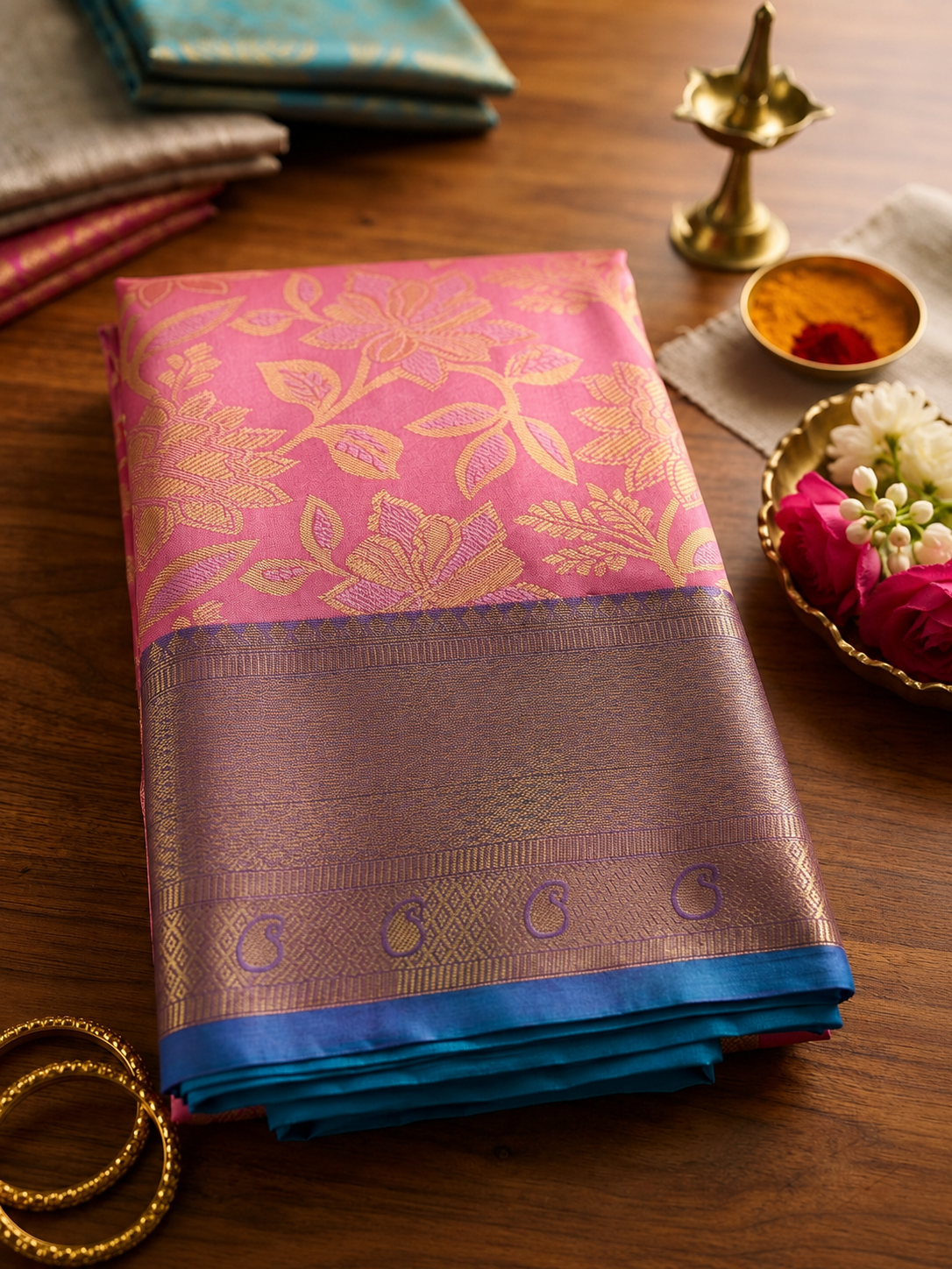 Kanchipuram semi silk pink and blue saree