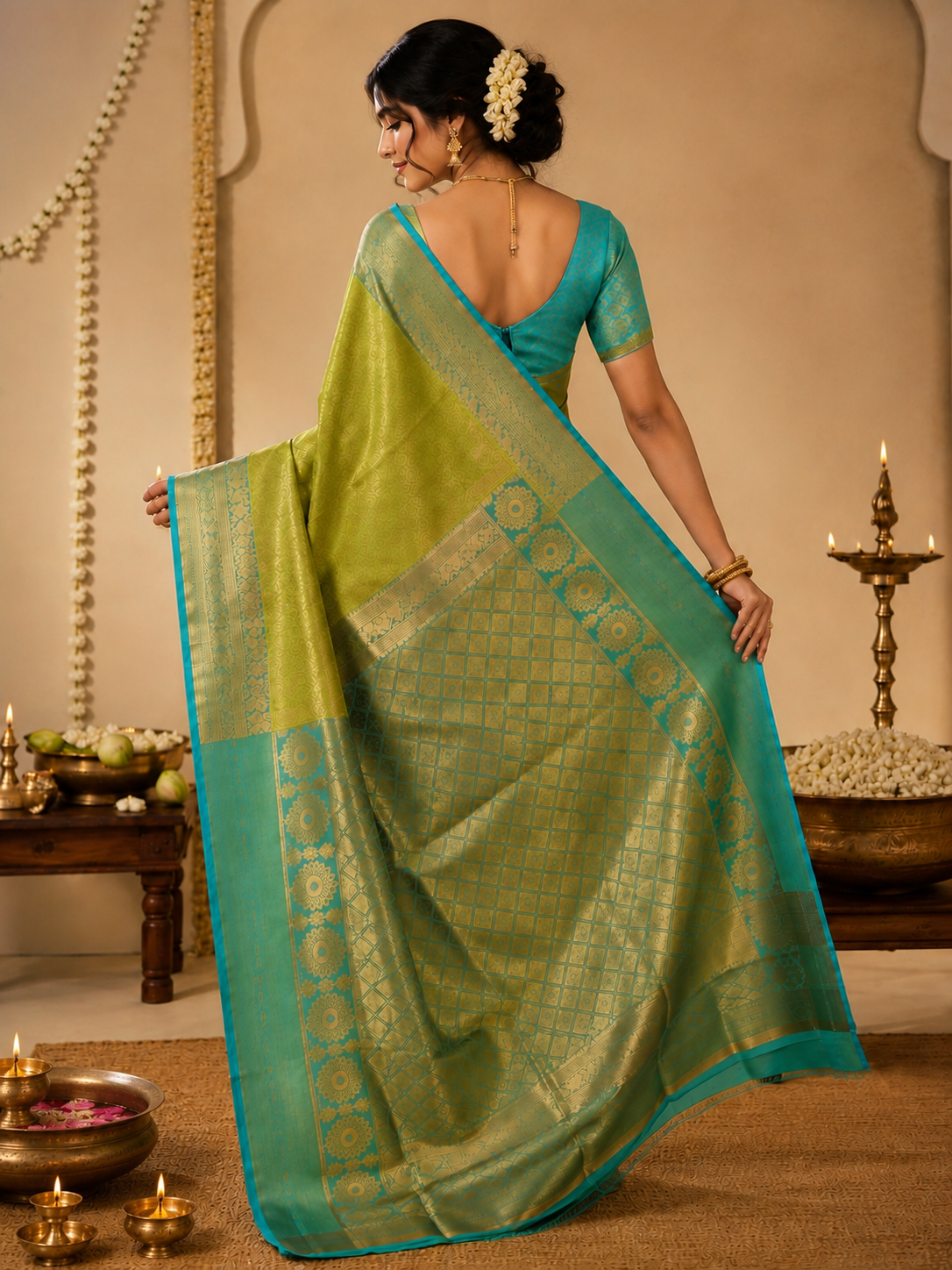 Kanchipuram semi silk parrot green and blue saree