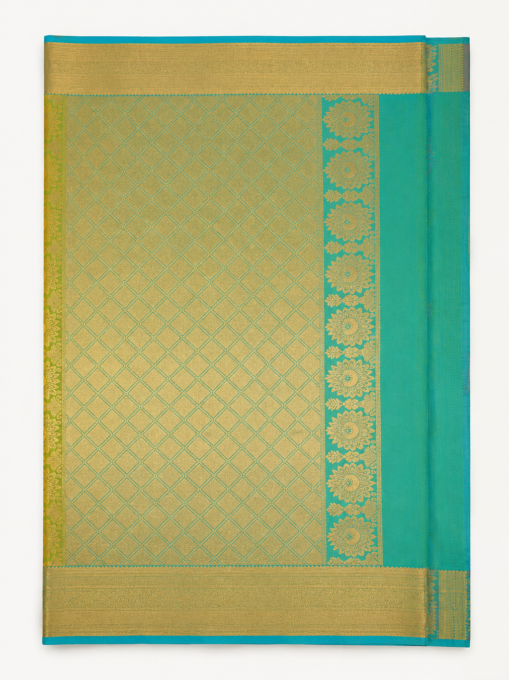 Kanchipuram semi silk parrot green and blue saree