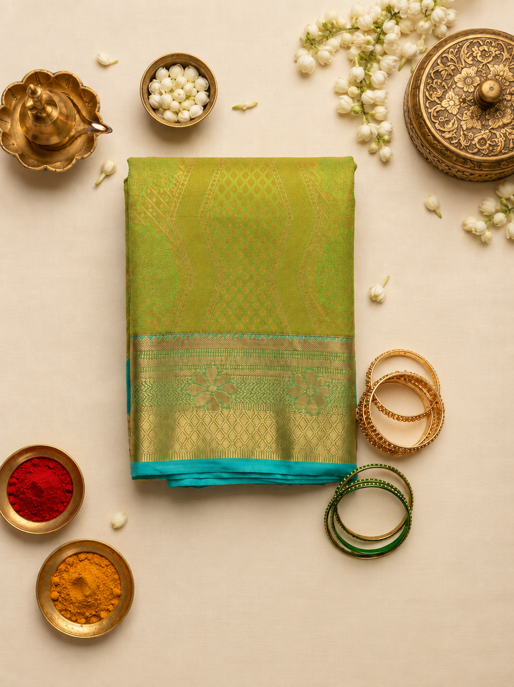 Kanchipuram semi silk parrot green and blue saree