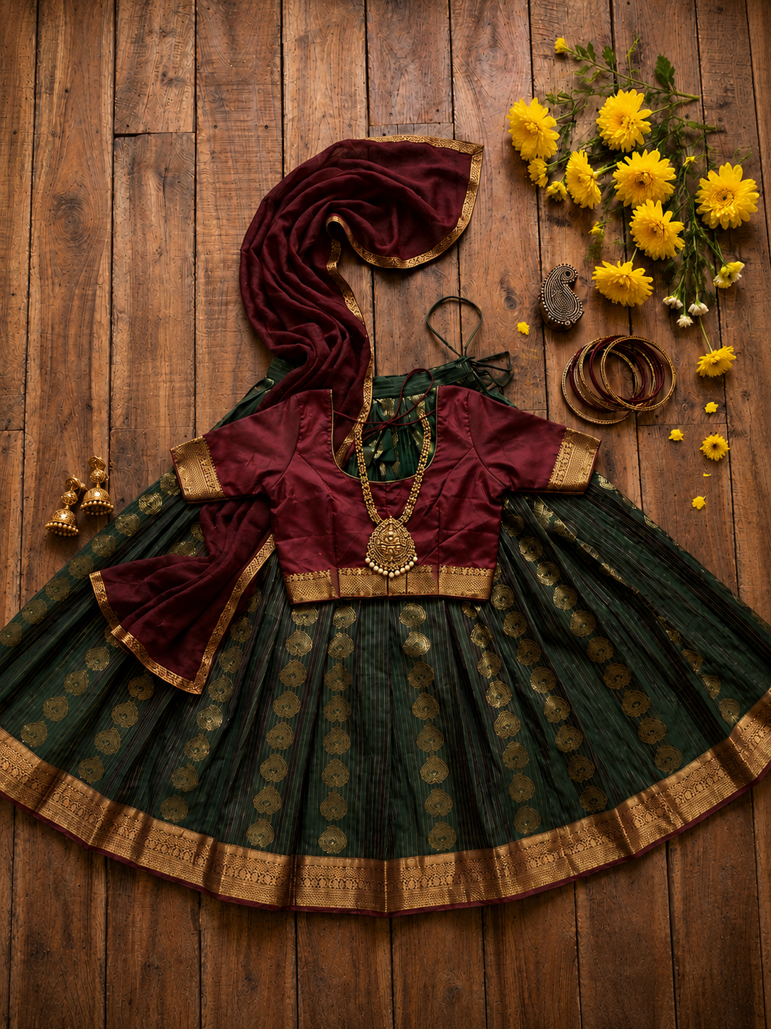 Kids Indian ethnic wear .Lehenga maroon and emerald green dress.