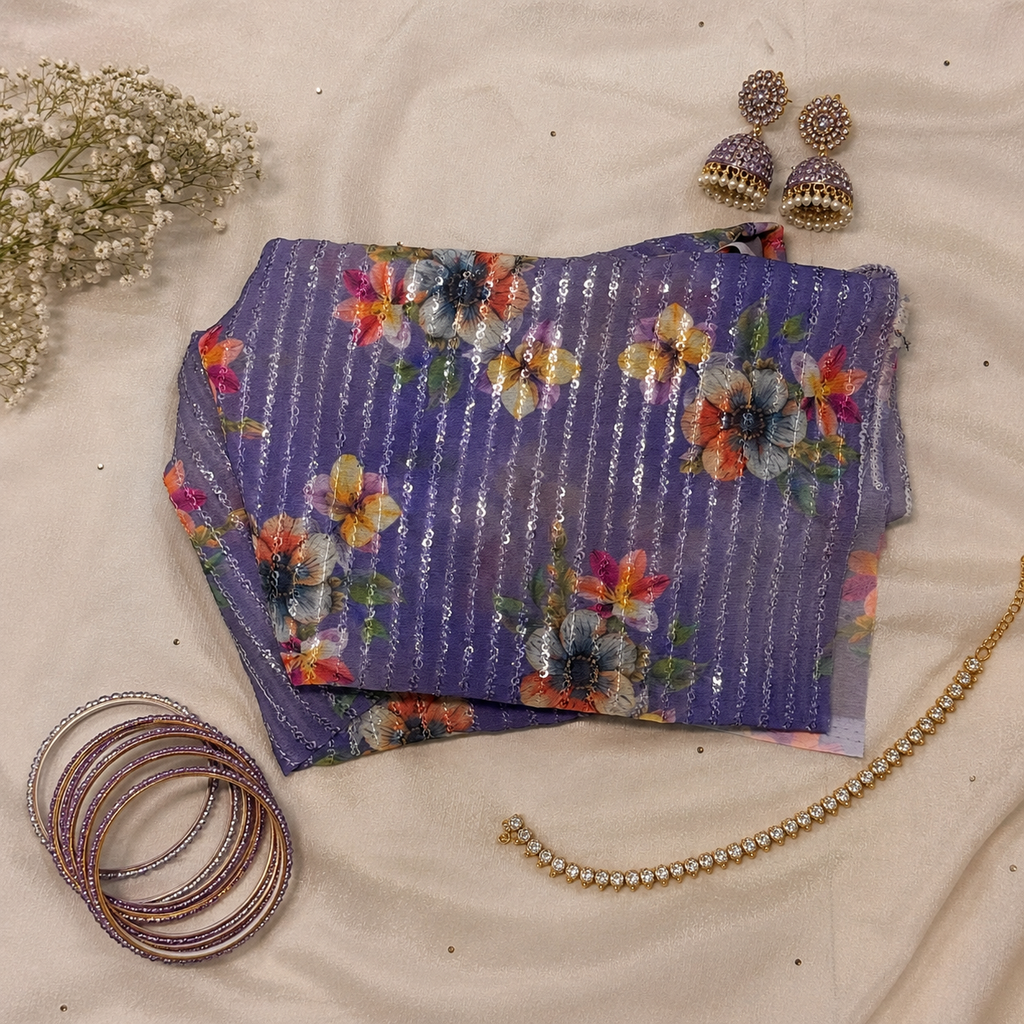 blouse material with vertical metallic silver stripes and a colorful floral print, styled on a beige fabric background with traditional Indian jewelry and floral props.