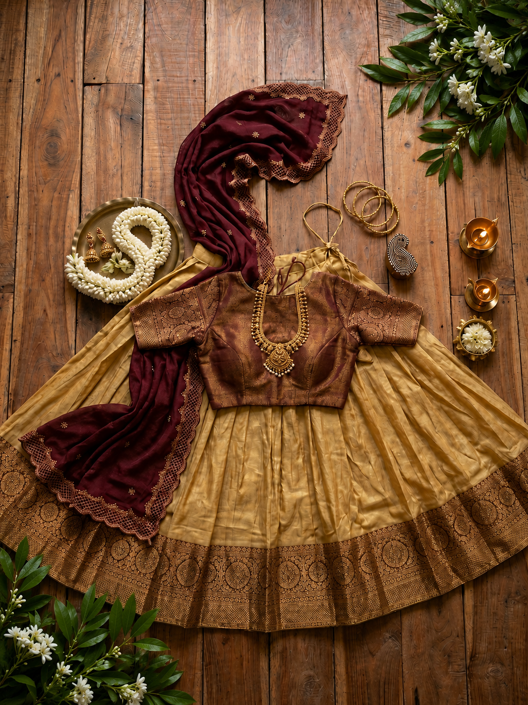 A traditional Indian ethnic outfit laid flat on a rustic wooden surface, featuring a mustard yellow skirt with a wide brown embroidered border, a matching brown embroidered blouse, a deep maroon dupatta, and gold jewelry including a necklace, earrings, and bangles. Decorative flowers and brass oil lamps surround the outfit.