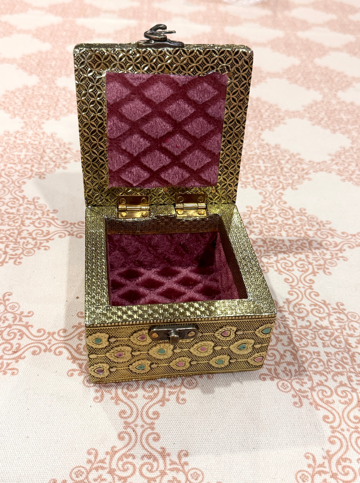 Peacock Brass Trinket Box with Velvet Lining