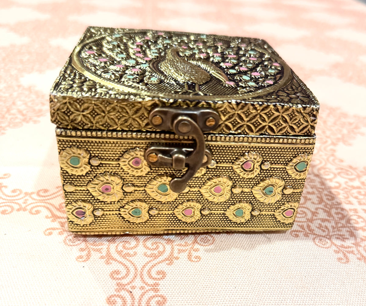 Peacock Brass Trinket Box with Velvet Lining