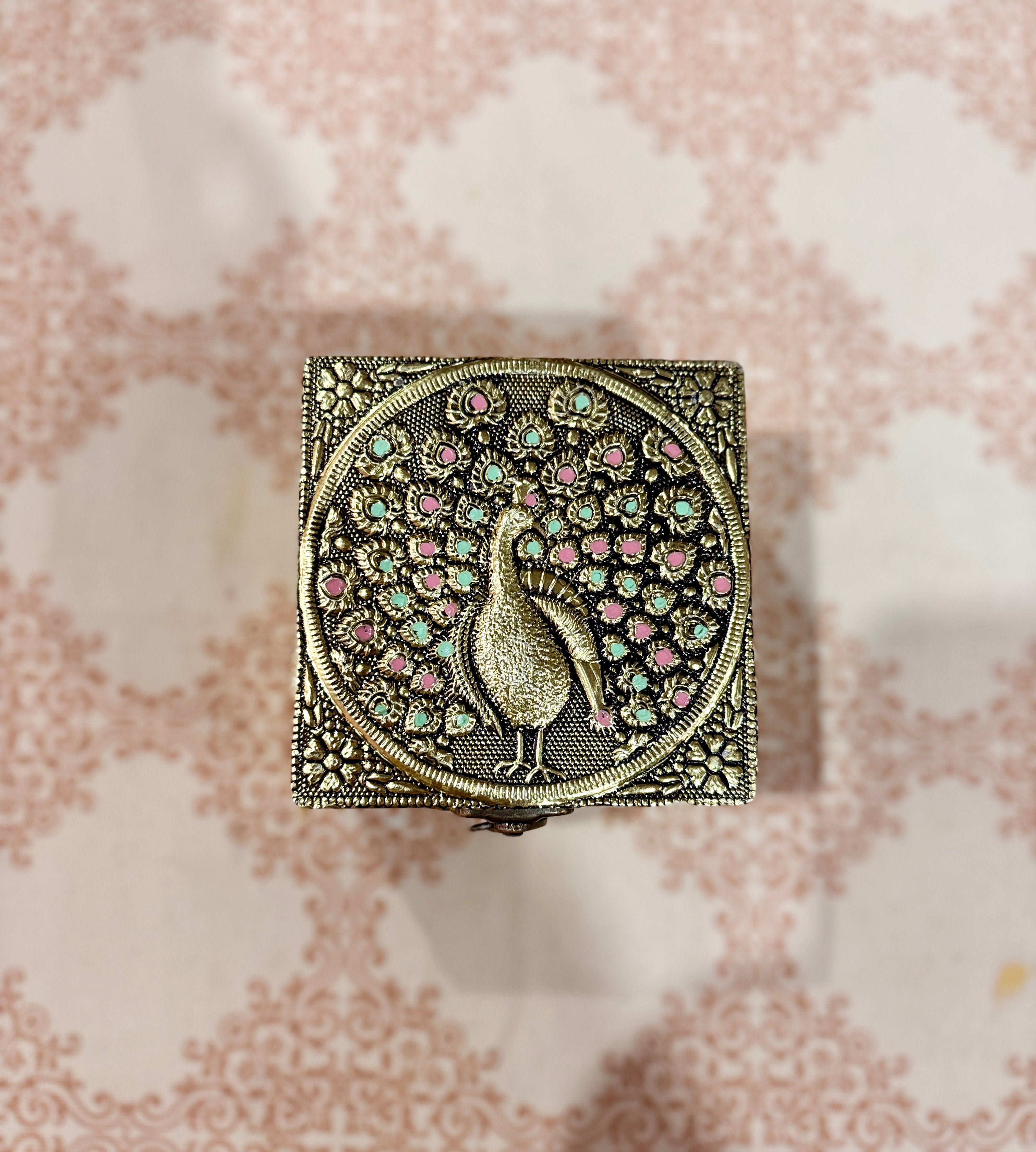 Peacock Brass Trinket Box with Velvet Lining