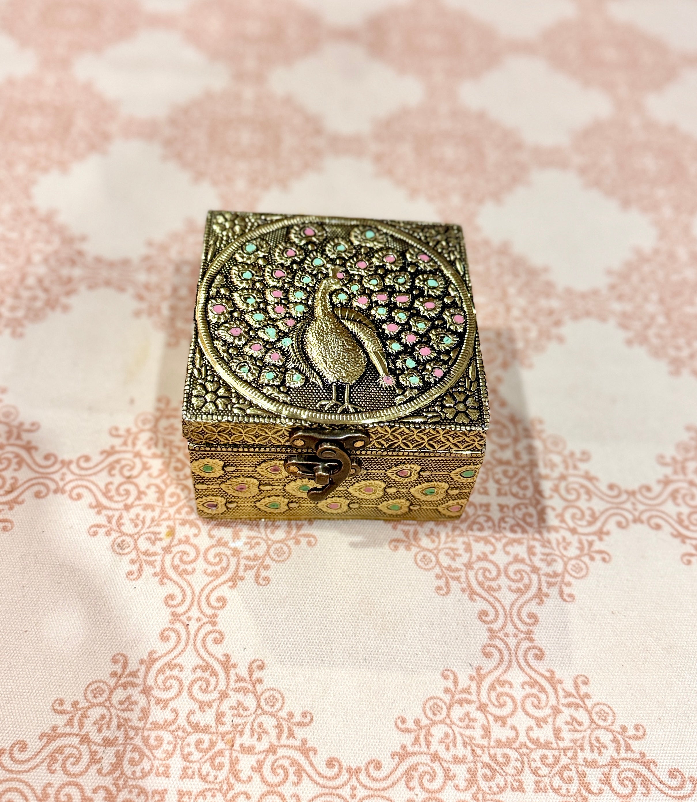 Peacock Brass Trinket Box with Velvet Lining