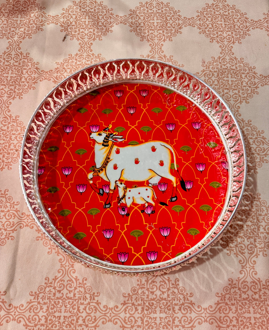 Silver red cow painting tray