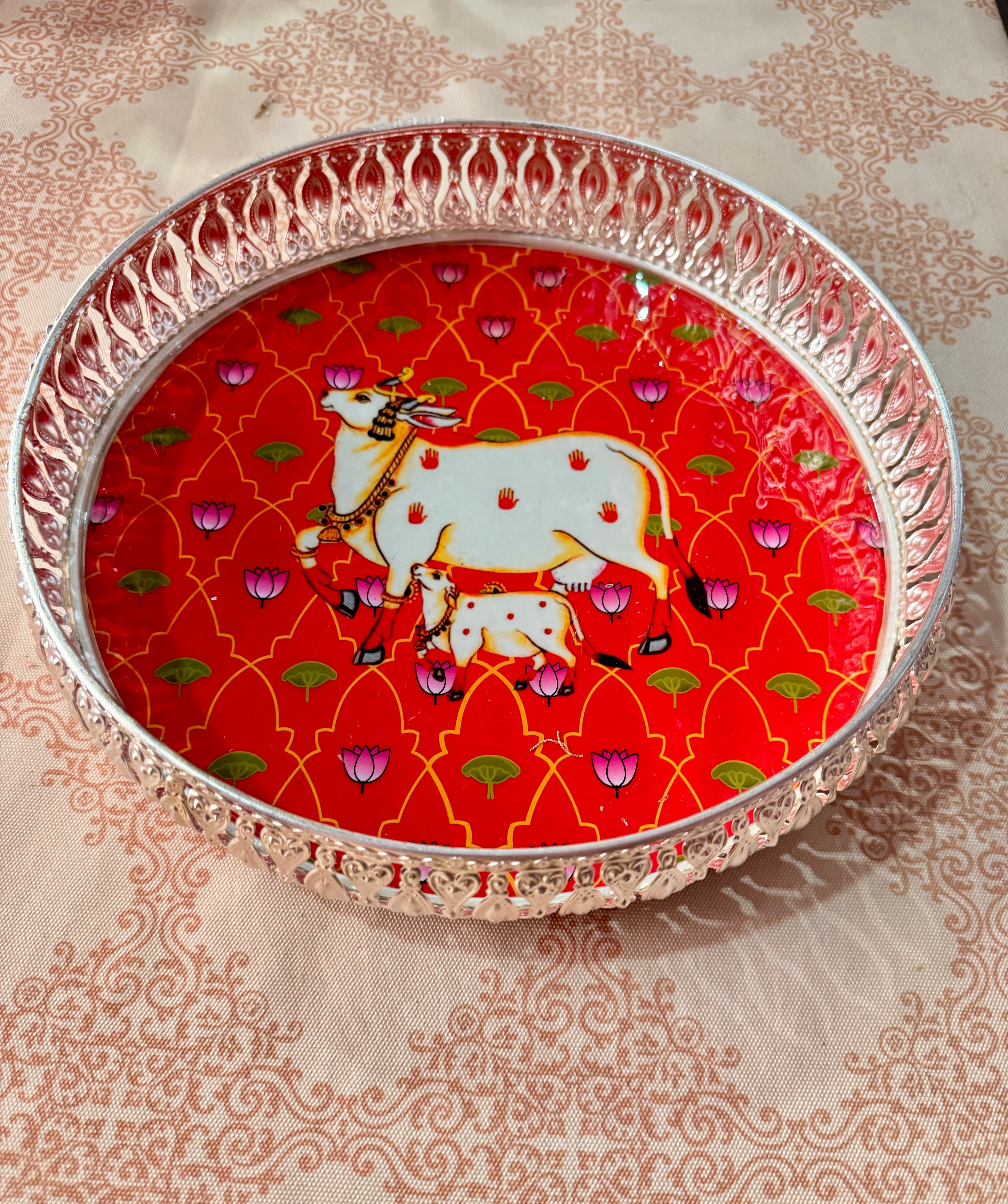 Silver red cow painting tray