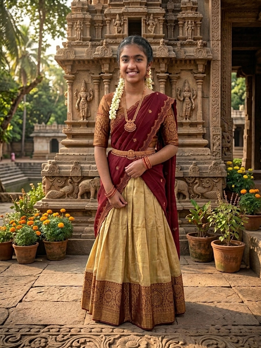 Raw Silk Maroon and Gold Half Saree in Kids Indian ethnic wear collection. Photo with a model