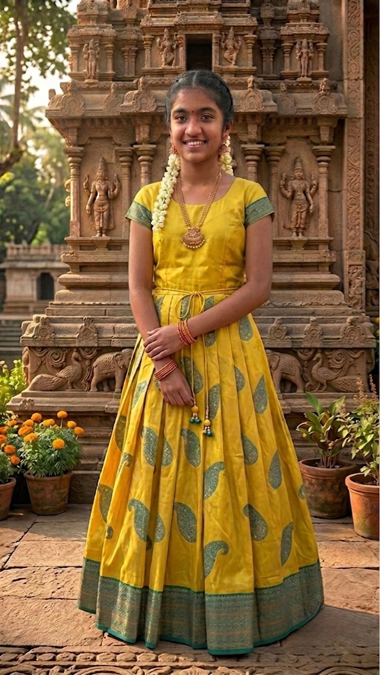 A yellow and green traditional Indian outfit ,featuring a yellow skirt with green paisley motifs, a green blouse, and a matching green jacket. Kids Indian ethnic wear Australia full dress with model