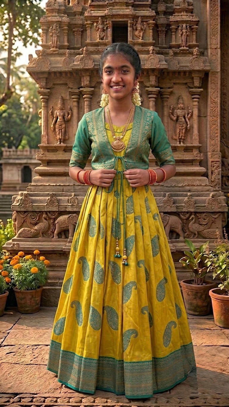 A yellow and green traditional Indian outfit ,featuring a yellow skirt with green paisley motifs, a green blouse, and a matching green jacket. Kids Indian ethnic wear Australia full dress with jacket