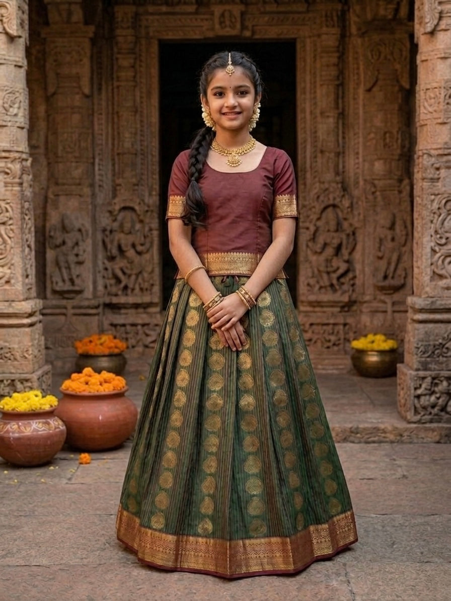 Kids Indian ethnic wear .Lehenga maroon and emerald green with model.