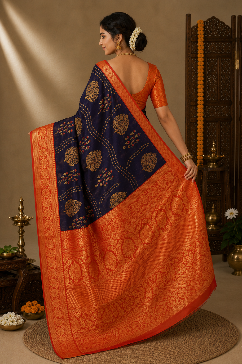 Semi silk blue and orange saree