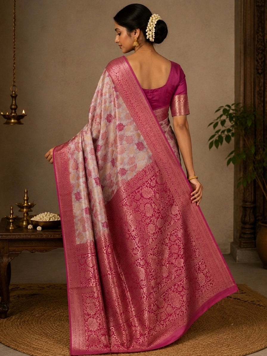 A woman wearing a traditional Indian saree, shown from the back. The saree features a rich magenta-pink border and blouse, with a lighter pink and white floral patterned body.