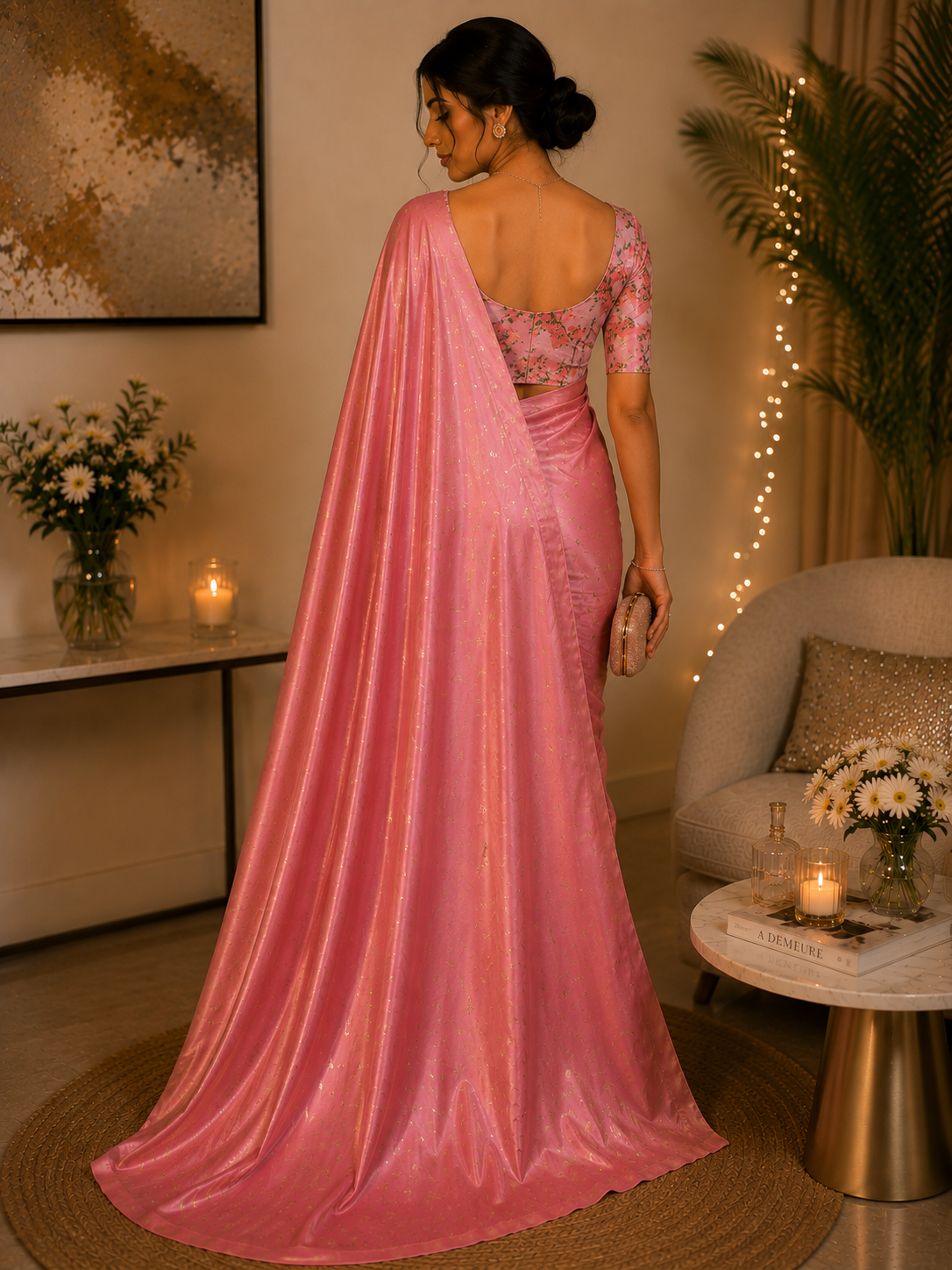 Satin pink saree