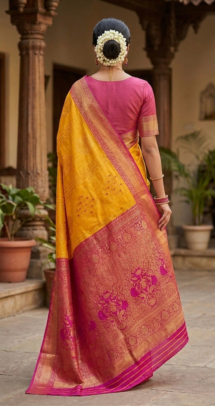 Semi silk yellow and pink saree