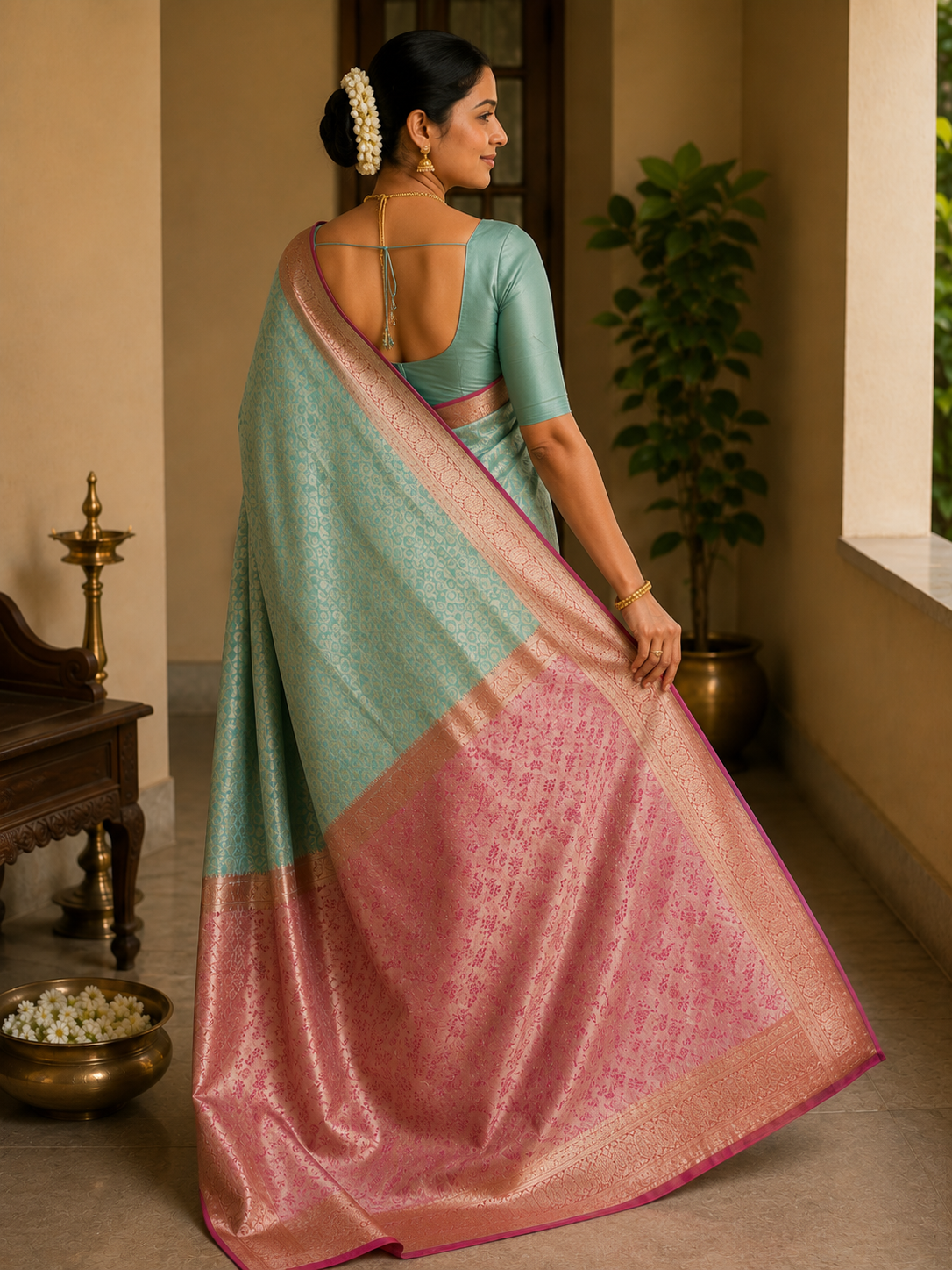 Semi silk green and pink saree