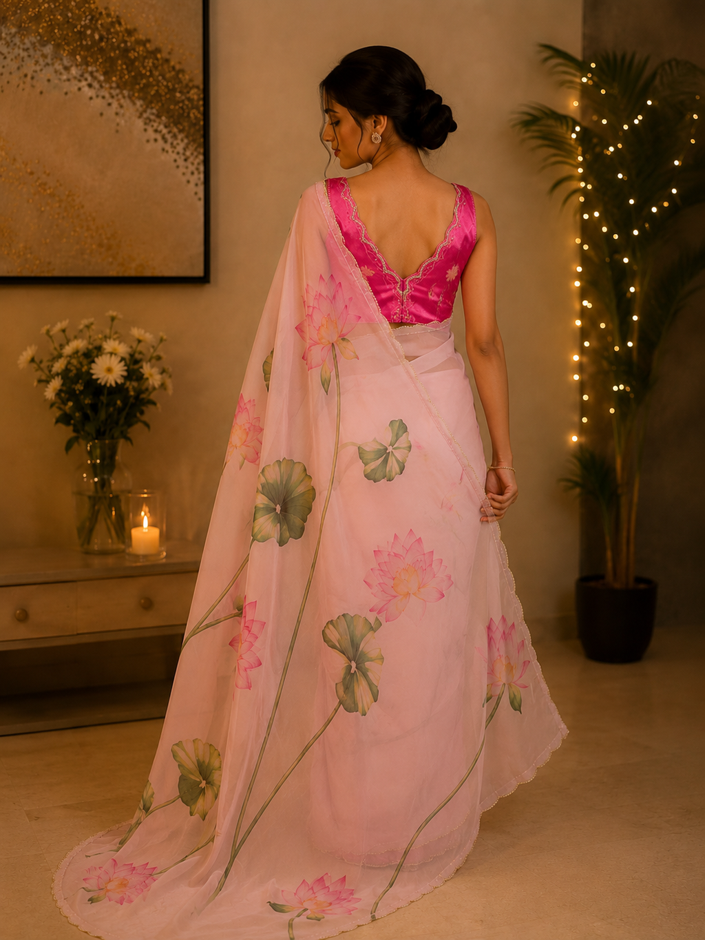 A woman wearing a light pink saree with a bright pink embroidered blouse, shown from the back in a warmly lit indoor setting with a plant and wall art in the background.