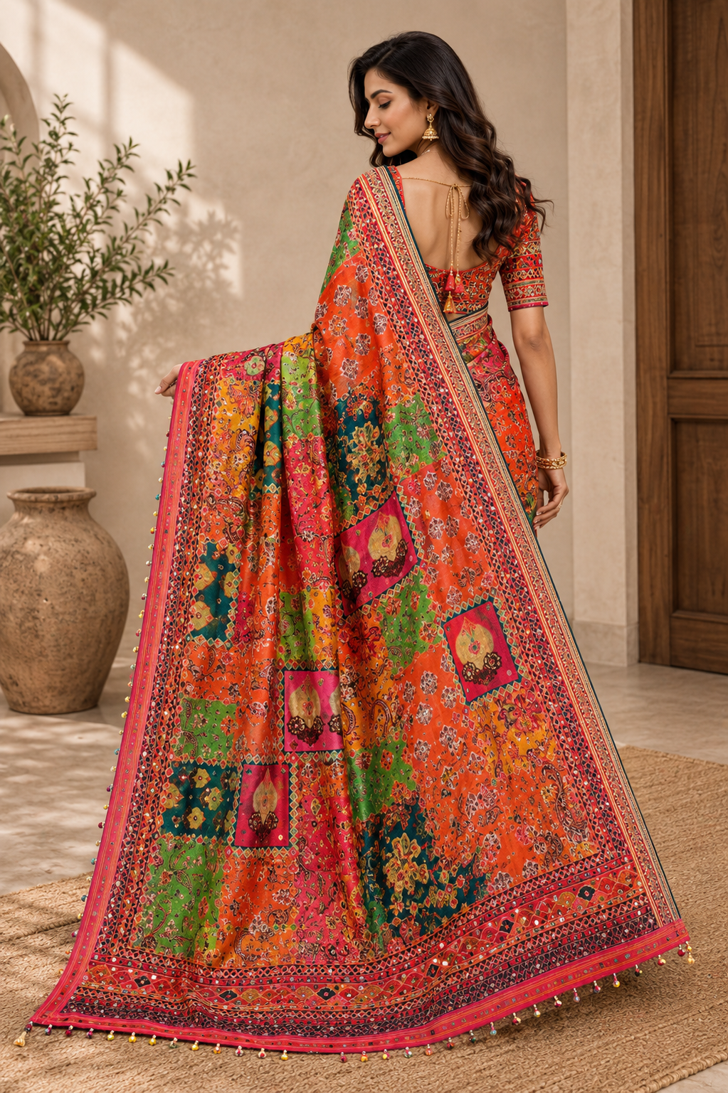 Ajrakh orange saree