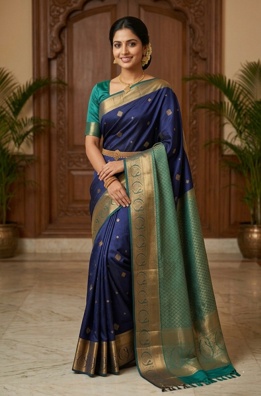 Semi silk blue and gold saree