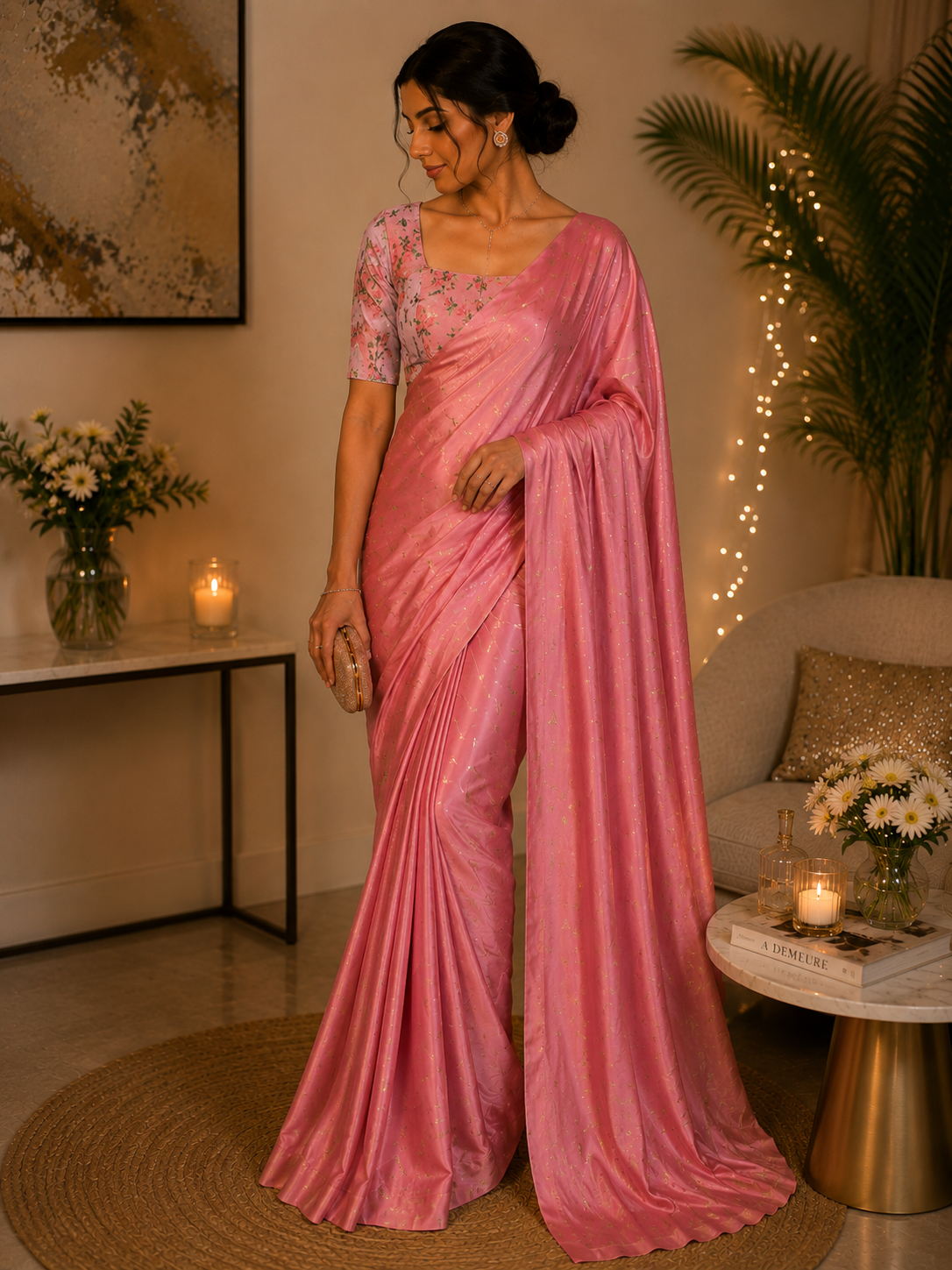 Satin pink saree