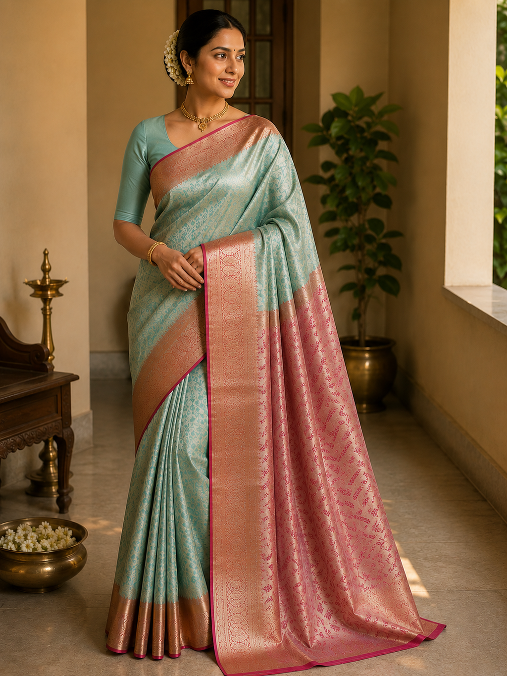 Semi silk green and pink saree