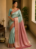 Semi silk green and pink saree