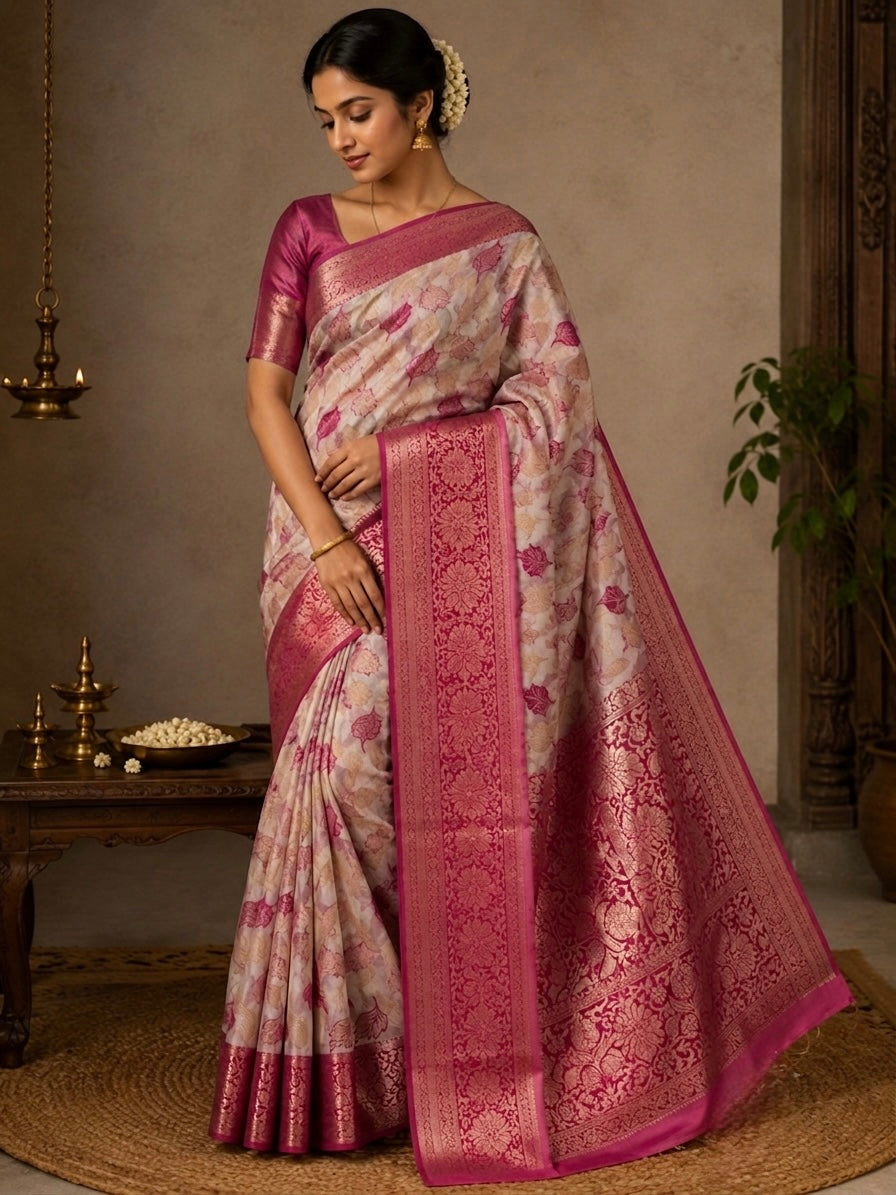 Fancy ready to wear white and pink saree. Floral pattern with model. Good product to add to Indian saree collection Australia