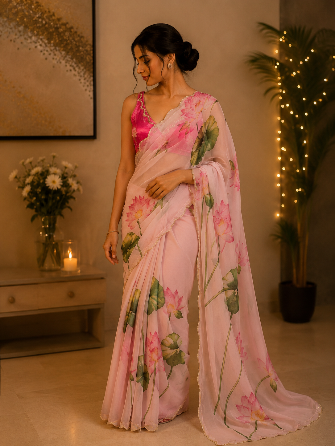 A woman wearing a light pink saree with a pink lotus print and a matching pink blouse.Organza pink saree perfect for party wear