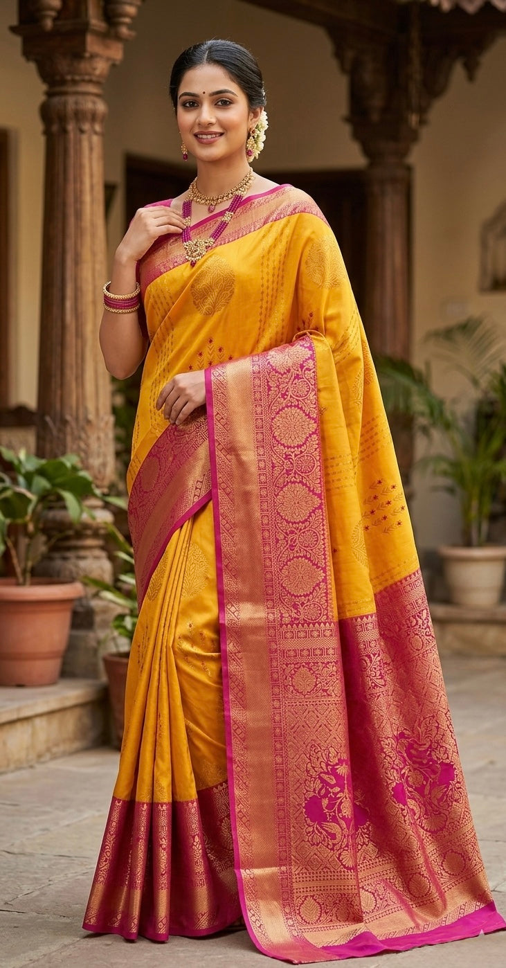 Semi silk yellow and pink saree