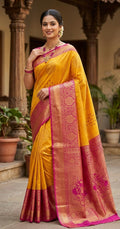Semi silk yellow and pink saree