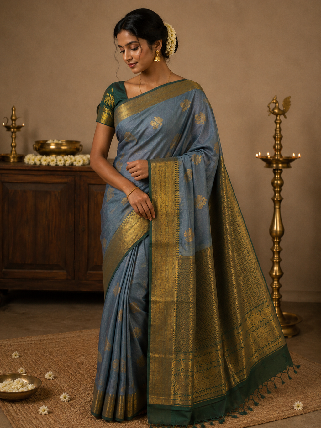 Semi silk grey and green