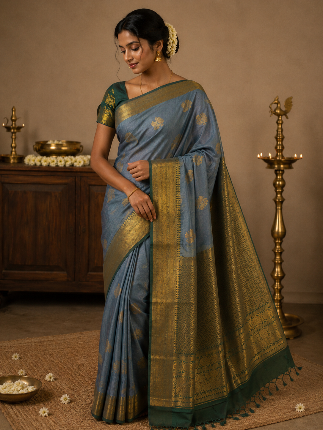 Semi silk grey and green