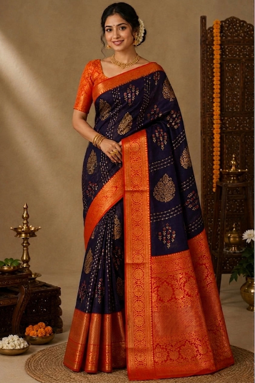 Semi silk blue and orange saree