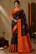 Semi silk blue and orange saree