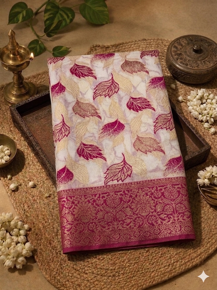 A folded white saree with magenta and gold leaf patterns and a richly detailed metallic border, styled on a woven jute mat with traditional Indian decorative props.